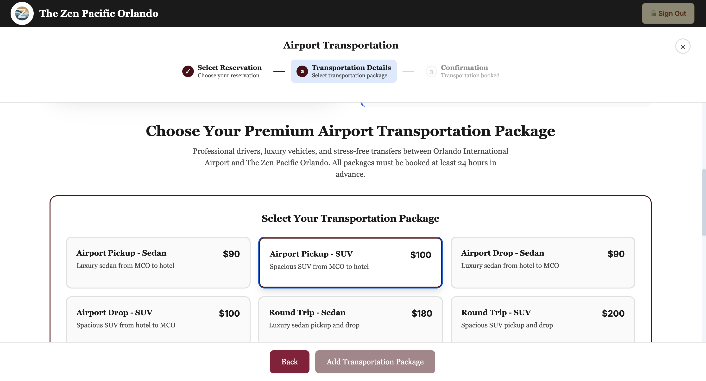 Airport pickup booking screen showing date, flight details, and pet-friendly vehicle option