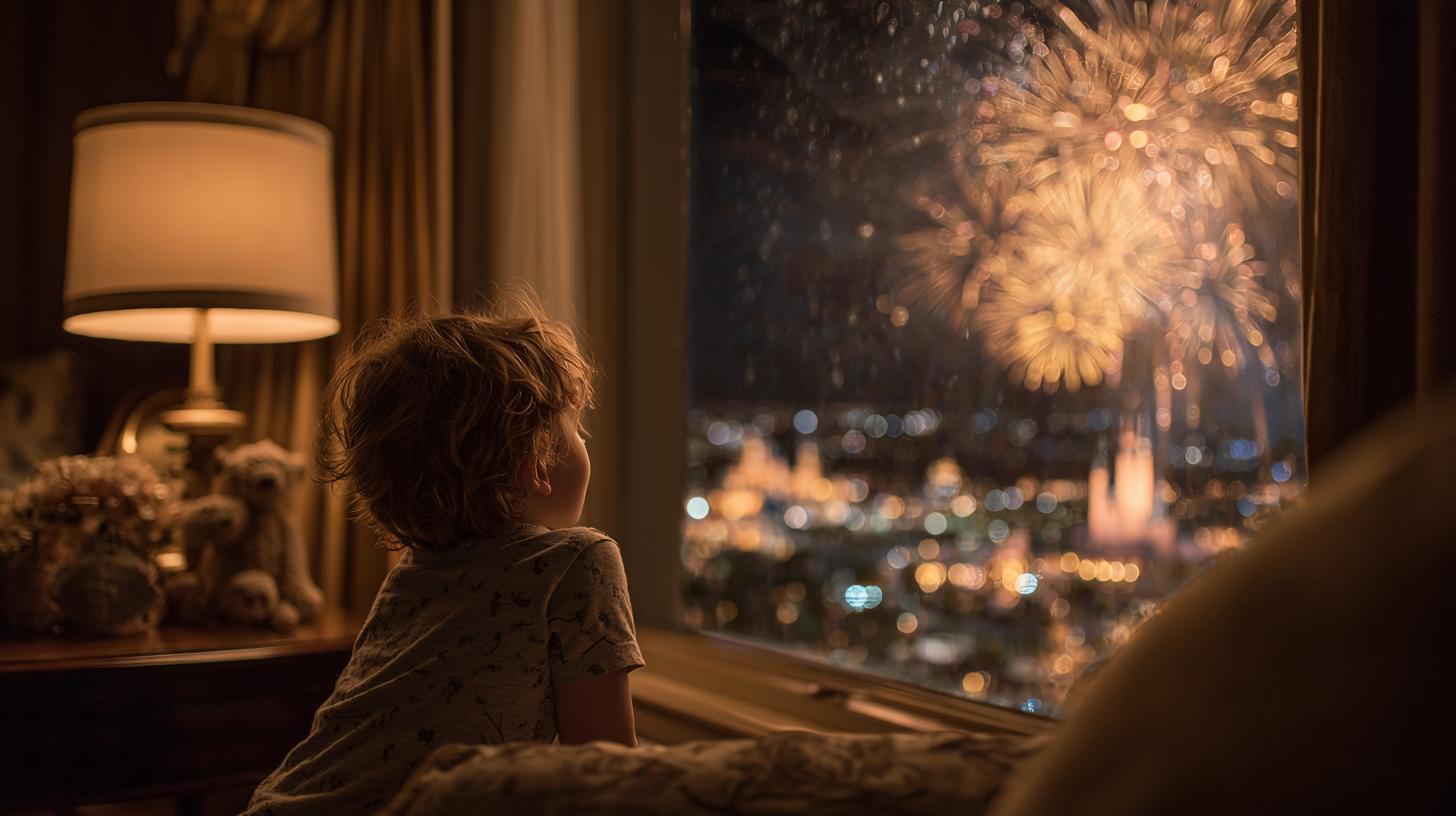 Young child captivated by Disney fireworks viewed from hotel room