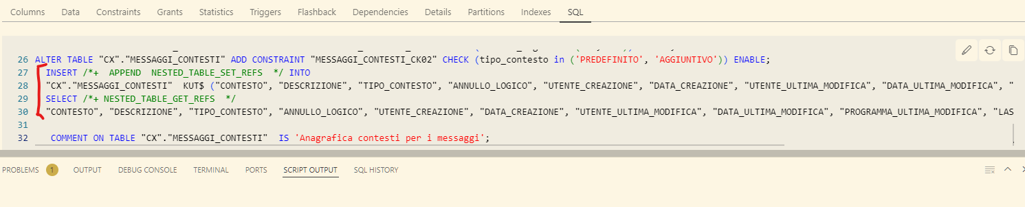 SQL tab of a table object shows extra text - Oracle Forums