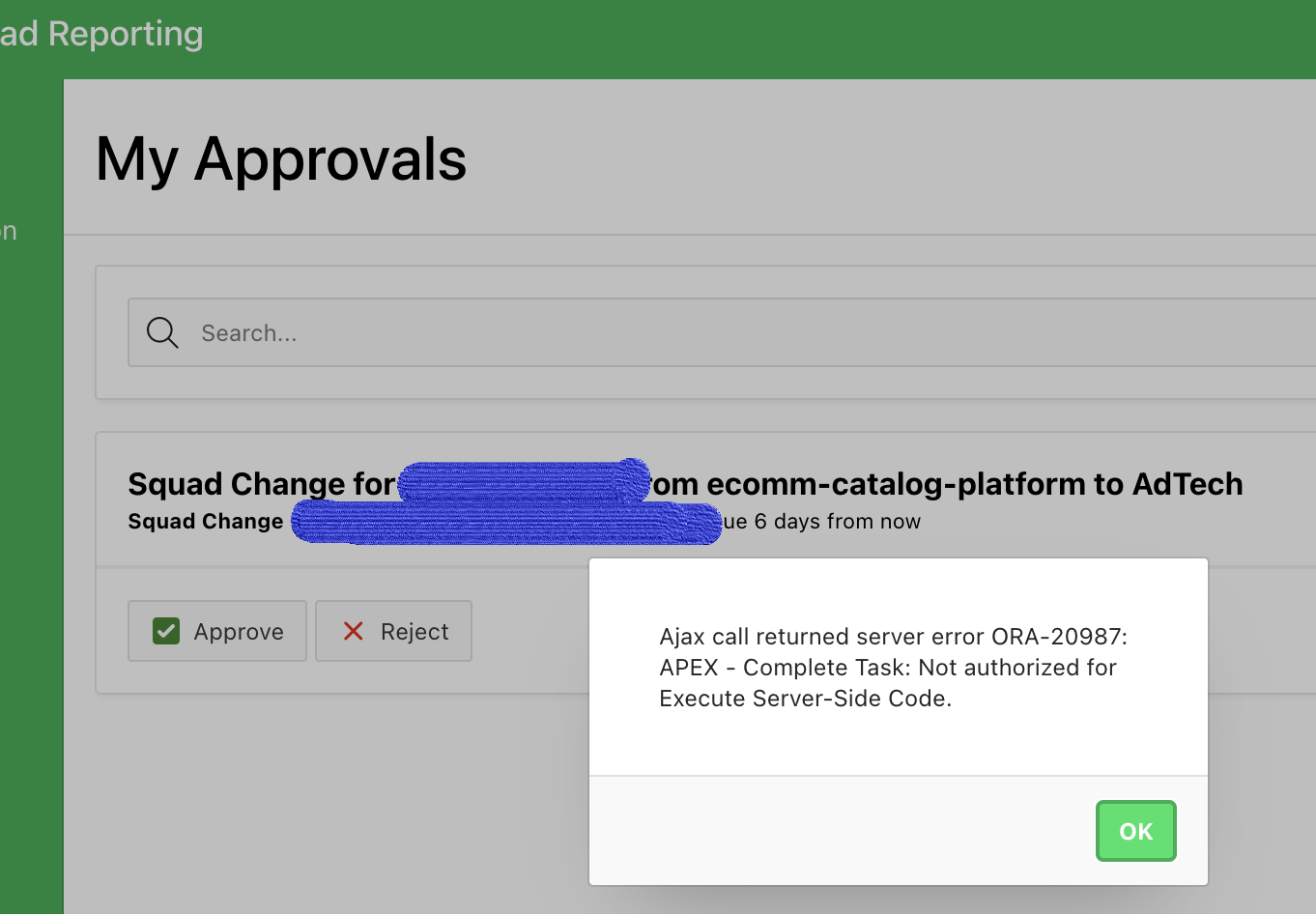 Received an error when approve or reject the approval request