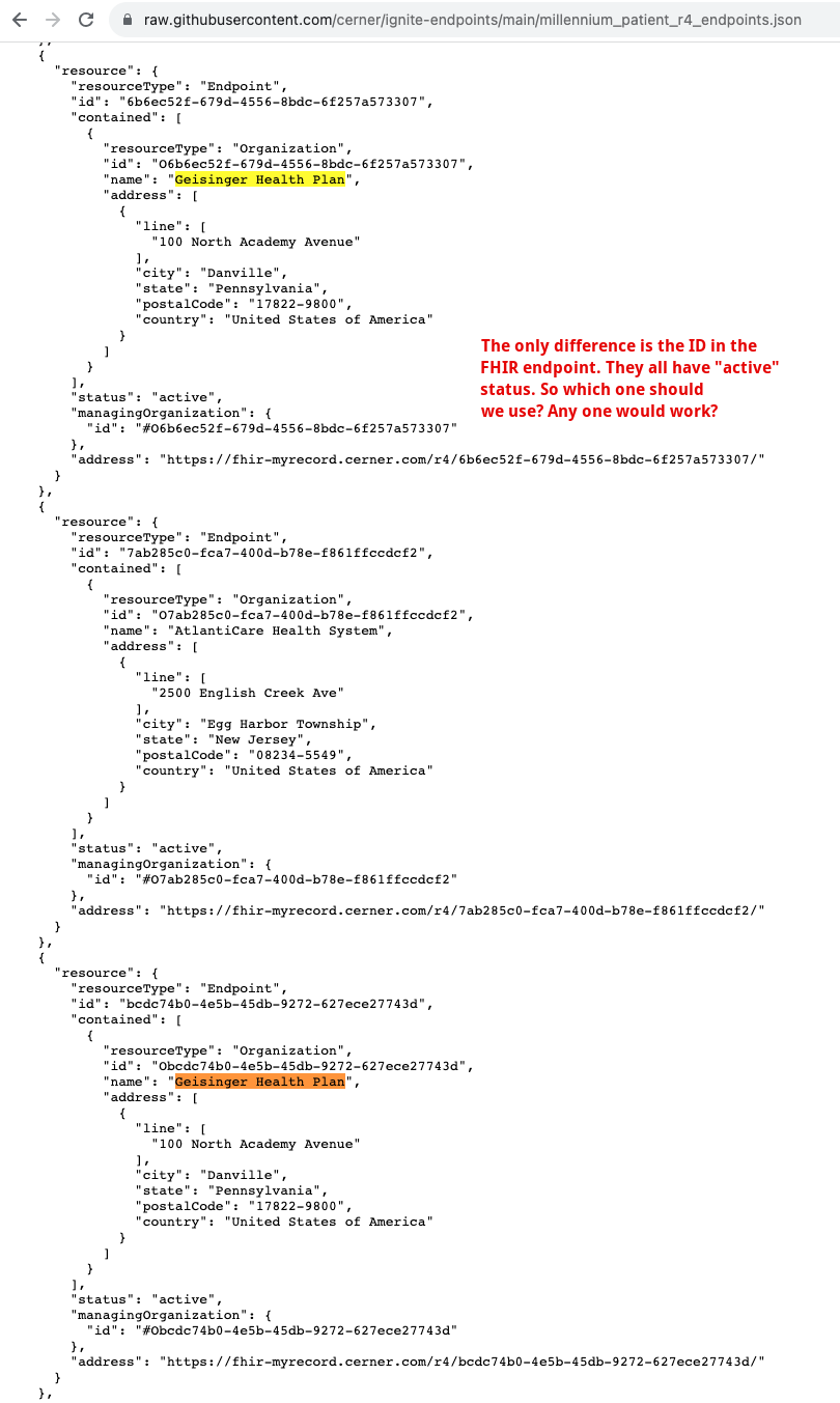 Multiple endpoints exist for an organization in millennium_patient_r4