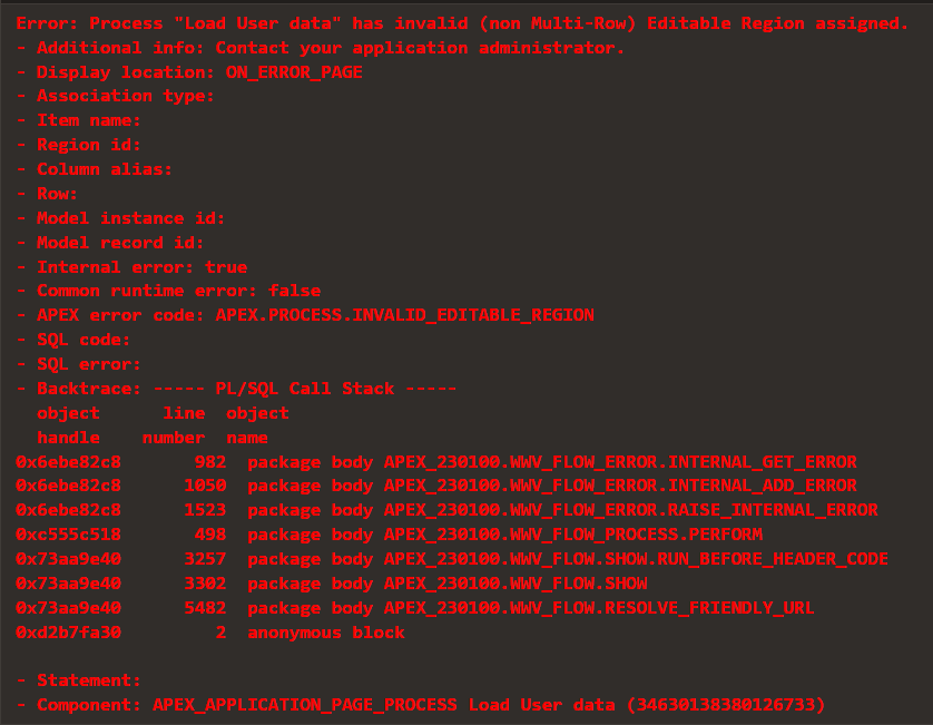 Process has invalid non Multi Row Editable Region assigned error