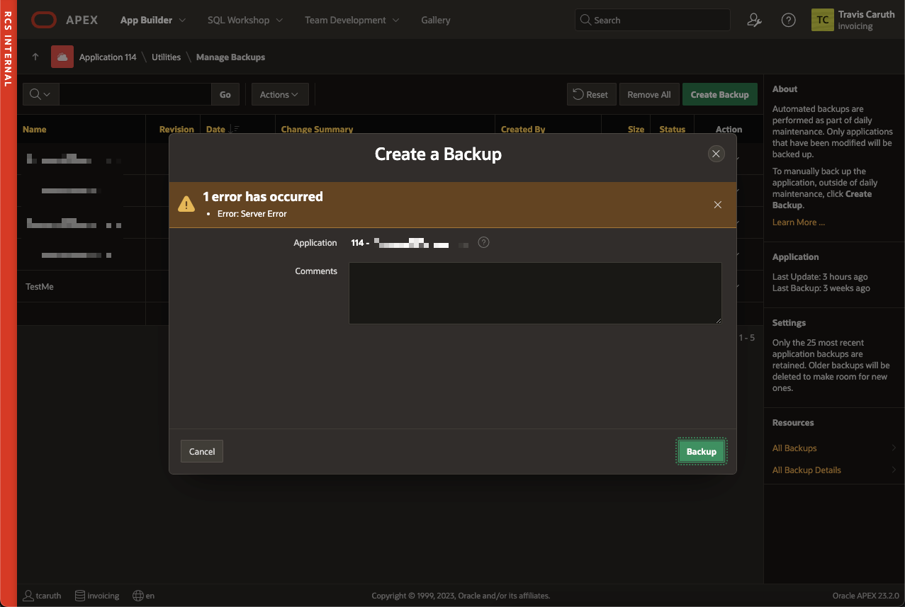 Application Backups not working as described - Oracle Forums