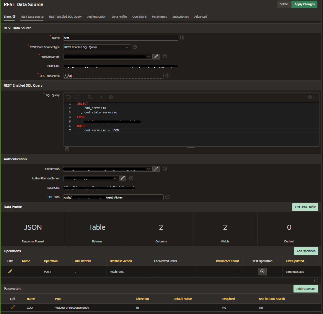 REST Data Source Type REST Enabled SQL Query (with parameters) - Oracle ...