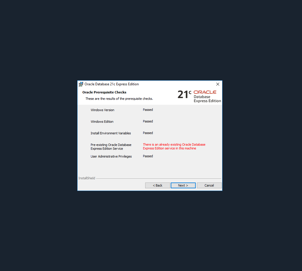 error al instalar oracle 21c en windows 10